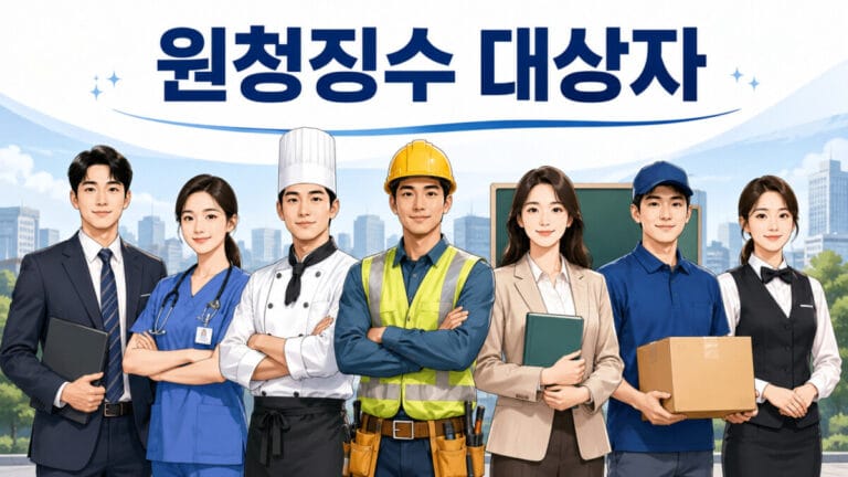 다양한 직업의 복장을 입은 남녀가 나란히 서있고, 위에 원천징수 대상자라고 적혀있다.