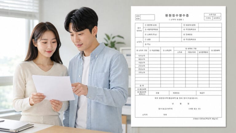 남성이 여성에게 원천징수영수증 보는법 육을 하고 있다.
