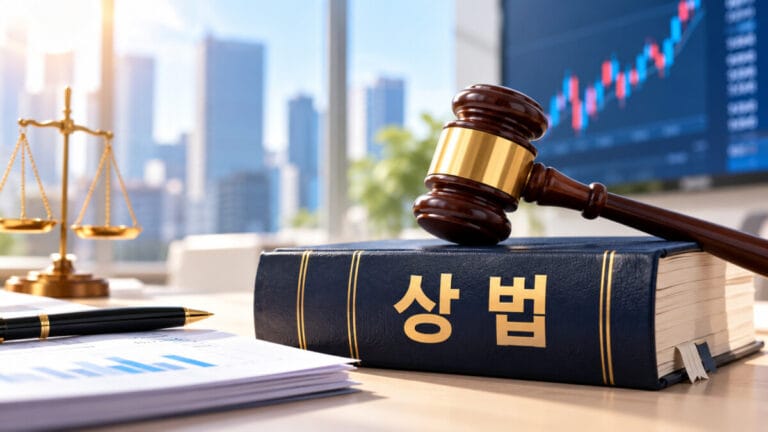 상법 개정을 위한 상법 사전과 나무망치가 보인다. 배경으로 주식 시장 상승장이 보인다.