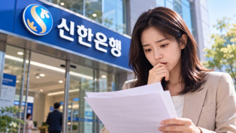 한 여성고객이 신한은행 앞에서 이번 신한은행 정보유출 관련 서류를 보고 걱정하고 있다.