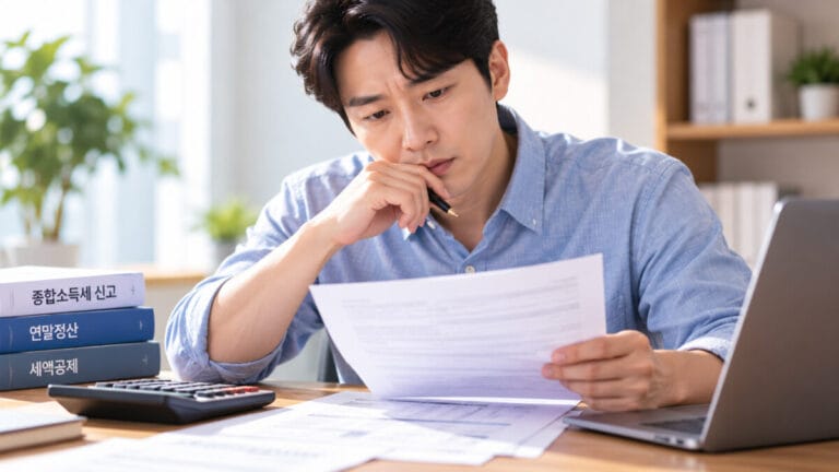 책상에 앉아 경정청구 서류를 보고 있는 남성 ceo