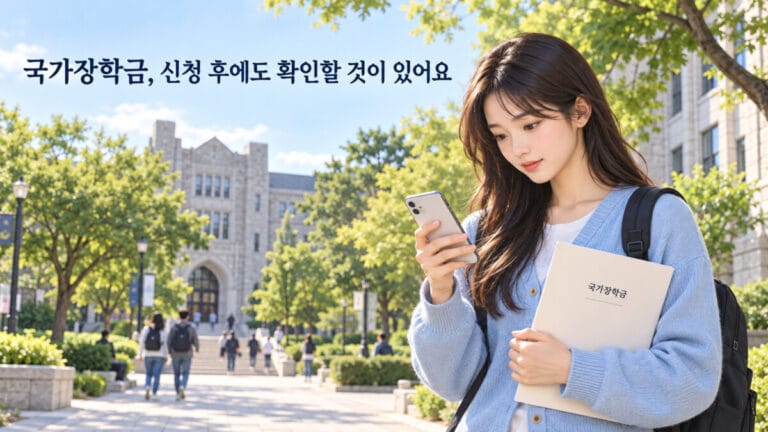 여대생이 캠퍼스에서 국가장학금 서류를 안고 한손으로는 스마트폰을 확인하고 있다.