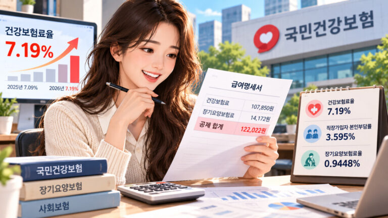 한 여성이 급여명세서를 보면서 자신의 건강보험료율을 확인하고 있다.