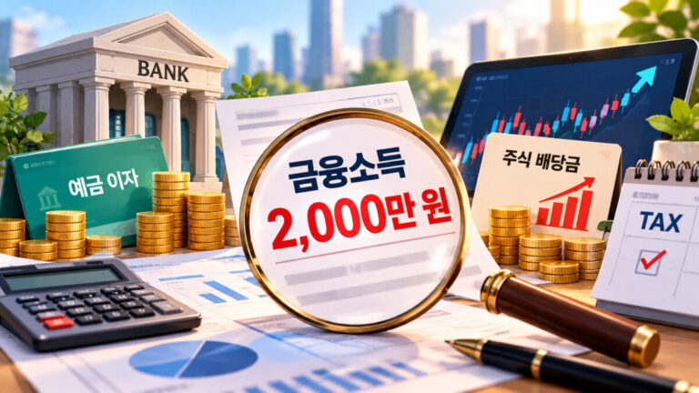 돋보기에 금융소득 2000만원 텍스트가 크게 보이고, 금융소득 종합과세 대상자확인 방법