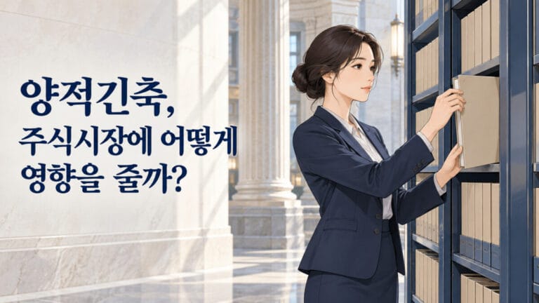 정장을 입은 여성이 서류가 보관되어 있는 책장에서 서류를 꺼내고 있다. 왼쪽 상단에 양적긴축, 주식시장에 어떻게 영향을 줄까?라는 텍스트가 있다.