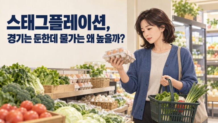 한 여성이 마트에서 채소와 계란 코너에서 계란을 들고 가격을 보고 있다. 배경에는 스태그플레이션 텍스트가 보인다.