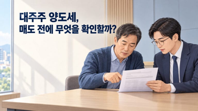 중년의 남성이 세무전문가와 회의실 책상에 앉아 대주주 양도세 서류를 같이 보면서 상담을 하고 있다.