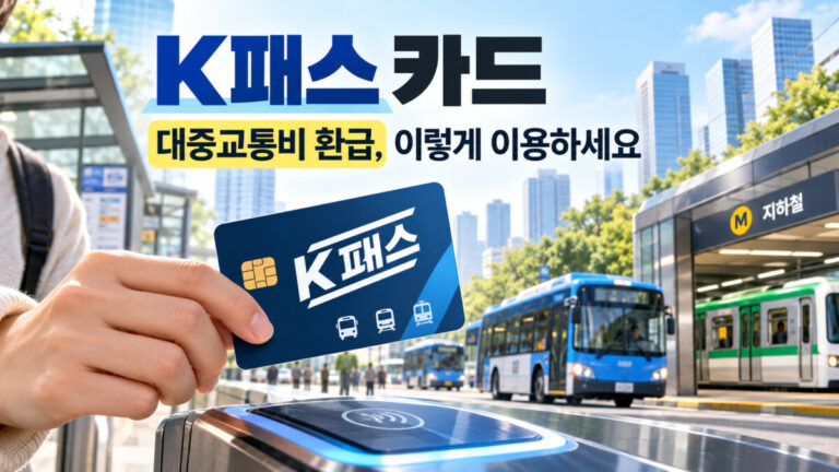버스와 지하철이 배경으로 보이고 지하철역에서 K패스 카드를 단말기 위에 들고 있다.