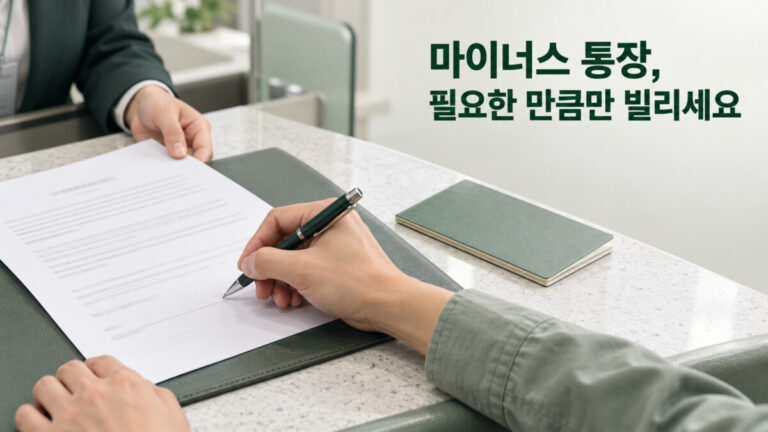 책상위에 마이너스 통장 개설 서류에 서명하는 남성의 손이 보인다.