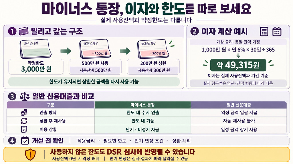 마이너스 통장 구조와 일반 신용대출과 비교 인포그래픽
