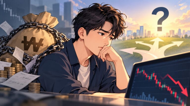 매몰비용 때문에 투자의 지속 여부를 고민하는 남성 투자자
