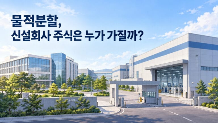 사무실과 공장의 정문이 보이고 물적분할 텍스트가 왼쪽 상단에 있다.