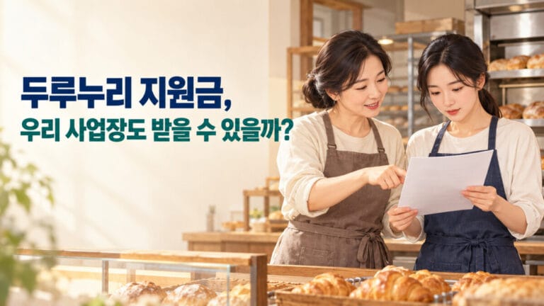 빵집을 운영하는 여성 2명이 두루누리 지원금 신청서를 보고 있다.
