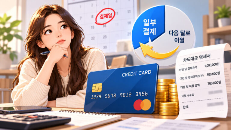 한 여성이 책상에 앉아 손에 손을 괴고 있고, 카드와 계산기가 책상에 있다. 신용카드 리볼빙 서비스를 표현하는 원형 그래프가 있다.