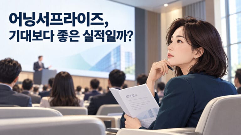 기업실적 발표장에서 한 여성 투자자가 어닝서프라이즈 뜻을 생각하며 서류를 자세히 보고 있다