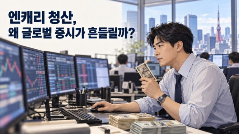 엔캐리트레이드 청산으로 증시가 흔들리자 모니터를 주시하고 있는 전문가의 모습