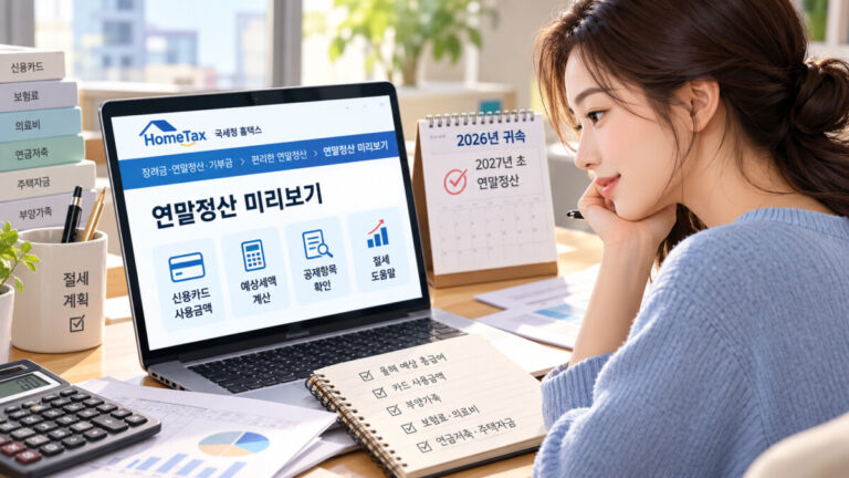 한 여성이 노트북으로 연말정산 미리보기를 보고있다.