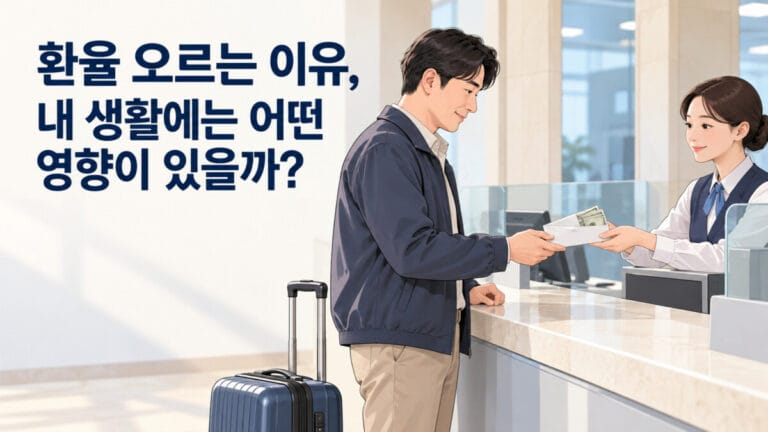 은행에서 한 남성이 환전을 하고 있다. 배경에는 '환율 오르는 이유, 내 생활에 어떤 영향이 있을까?' 텍스트가 있다.