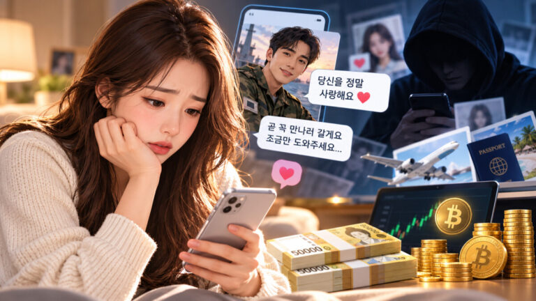 한 여성이 스마트폰으로 로맨스 스캠에 당했다. 책상위에 5만원 다발과 동전, 비트코인이 보인다.