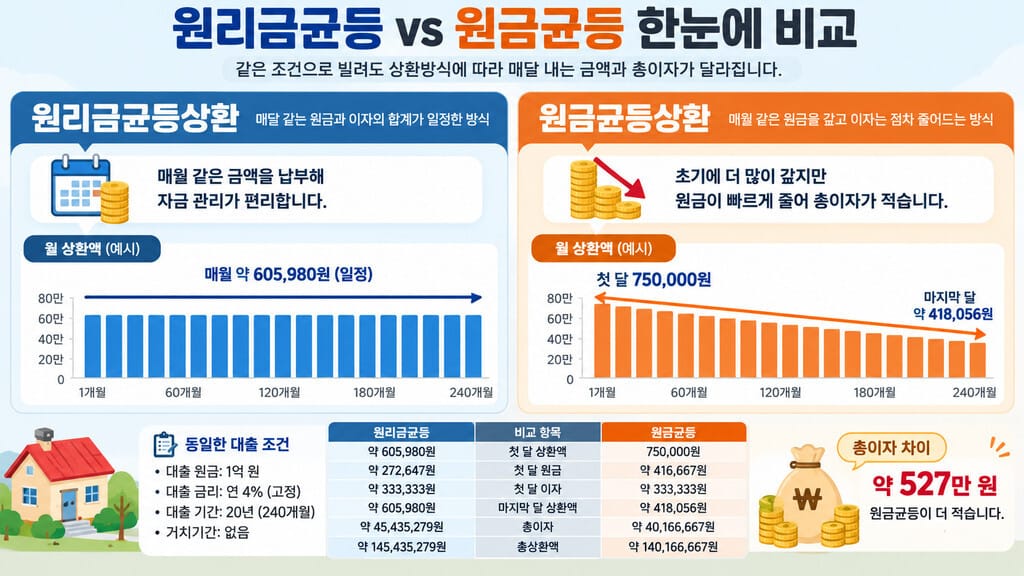 원리금균등 원금균등 차이 비교 인포그래픽