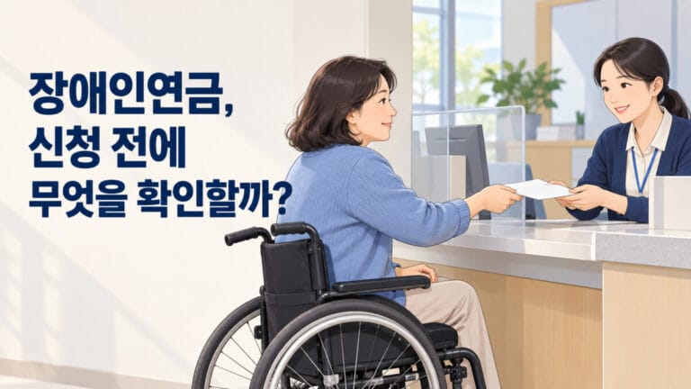 휠체어를 탄 중년 여성이 여성 상담원에게 장애인연금 서류를 건네고 있다.