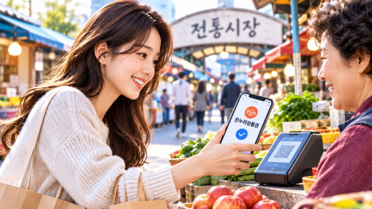한 여성이 디지털 온누리상품권을 단말기에서 결제하고 있다.