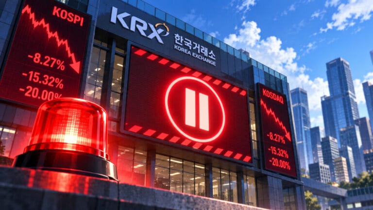 한국거래소에서 주식이 급락하여 서킷브레이커 발동하여 빨간 경고등과 일시정지 아이콘이 보인다.