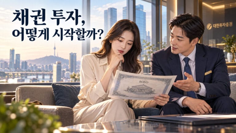 여성 투자자가 증권사 직원으로부터 채권 투자 방법으로 안내받고 있다.