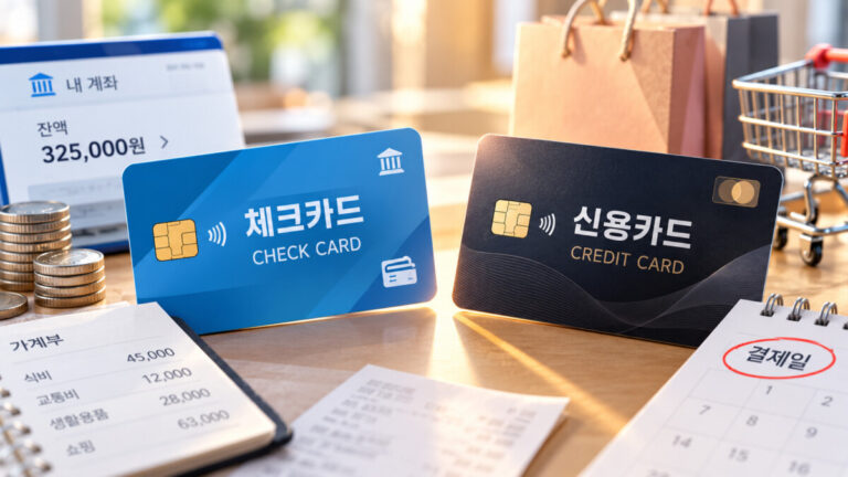 책상위에 체크카드 신용카드가 나란히 놓여있고 그 앞에는 결제일이 체크되어 있는 달력과 수첩이 놓여있다.