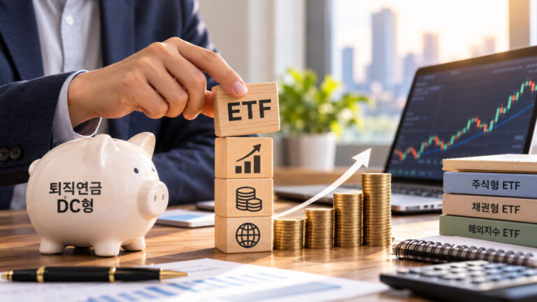 퇴직연금 DC형 ETF 투자 나무 블록을 쌓고 있는 남성 옆에 돼지 저금통이 놓여있다.