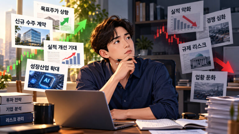 한 남성이 투자 확증 편향으로 고민하고 있고, 남성 주변으로 여러 정보들이 떠 있다.
