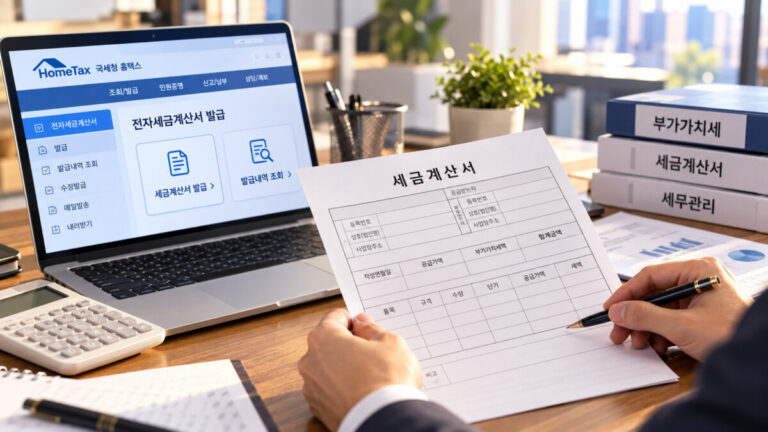 노트북에 국세청 전자세금계산서 화면이 열려있고, 한 남성의 손이 세금계산서에 볼펜으로 무언가를 적고있다.
