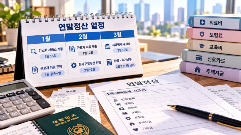 탁상용 달력에 연말정산 기간이 1월부터 3월가지 표시되어 있다.