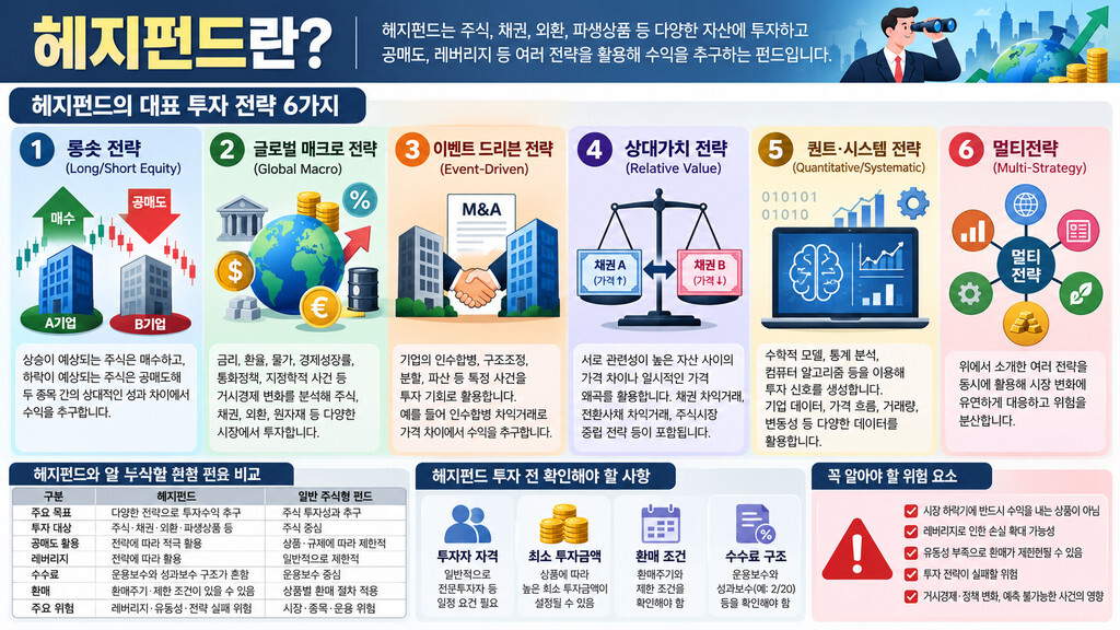 헤지펀드 투자 전략 6가지 인포그래픽
