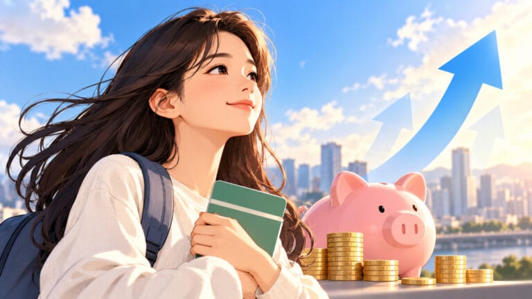 청년내일저축계좌 가입 후 희망에 찬 모습의 여성. 배경으로 상승 그래프와 돼지 저금통앞에 동전이 쌓여있다.